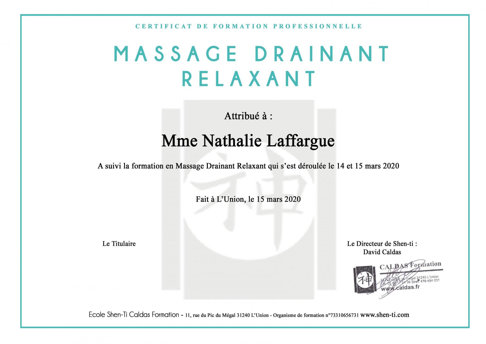 Certificat massage drainant relaxant